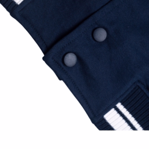 Men's Navy Blue Solid Varsity Jacket closeup bottom